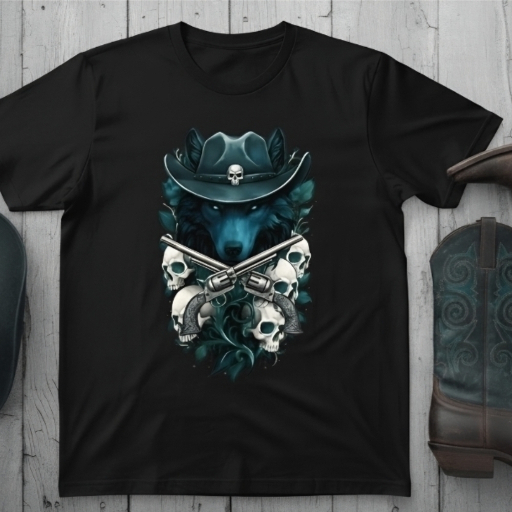 Blue Wolf Cowboy Skull Tee • Gothic Western Outlaw Shirt • Biker Graphic Tee